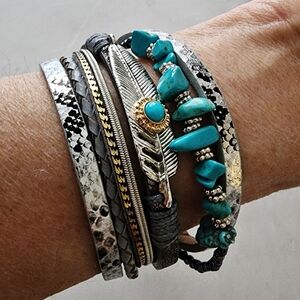 2FOR$30 - Elegant Silver and Turquoise Multistrand Magnetic Clasp Cuff Braceler